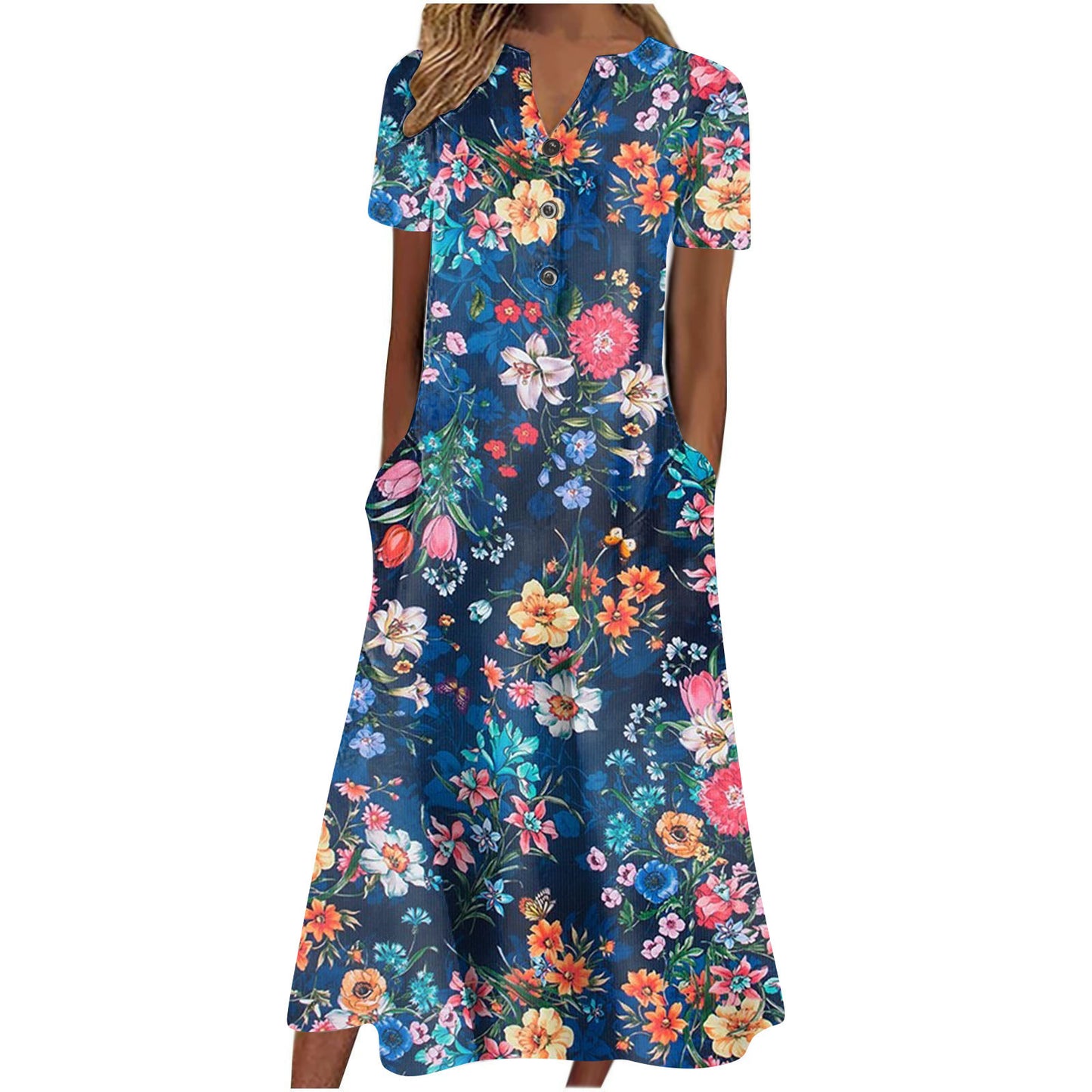 Cross Border Women's Summer New V-neck Button Short Sleeve Loose Big Hem Print Dress