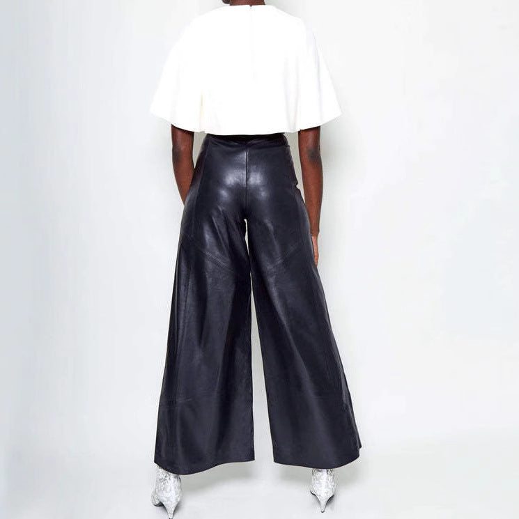 XIANGTUIBAO 2025 2025 trade  fashion leather pants women, high waist loose pocket waist PU leather flared pants, casual trousers