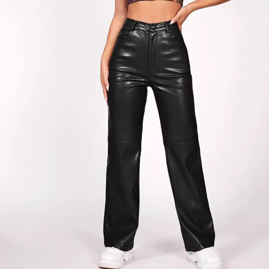 XIANGTUIBAO 20252025 trade women's pants 2025 fashion high-waisted trousers, button PU leather pocket straight leather pants, new autumn and winter models