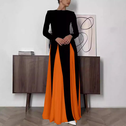 XIANGTUIBAO Cross-border  dinner party women's evening dress, tight A-shaped large skirt splicing long-sleeved crew neck dress