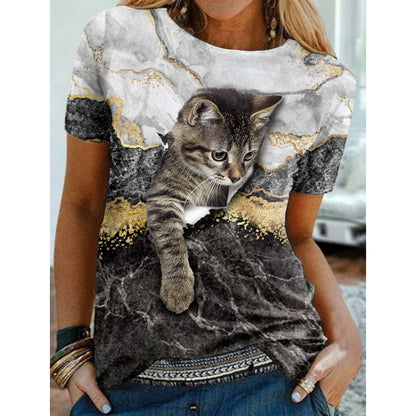 Independent Station Women's Short-Sleeved T-shirt Cute Cat 3D Printed European and American Foreign Trade Women's Clothing Straight Hair