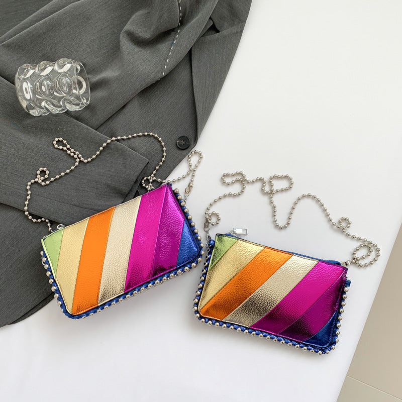 XIANGTUIBAO 2025 Women's bag new contrasting color splicing trendy rainbow striped small square bag bead chain shoulder bag fashionable messenger bag