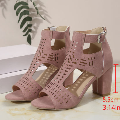 xiangtuibao Spring New plus Size Foreign Trade Women's Shoes Roman Style Hollowed Fashion Back Zipper Chunky Heel High Heels Sandals for Women