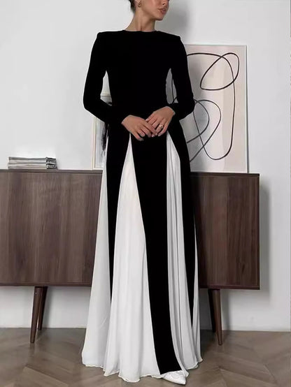 XIANGTUIBAO Cross-border  dinner party women's evening dress, tight A-shaped large skirt splicing long-sleeved crew neck dress