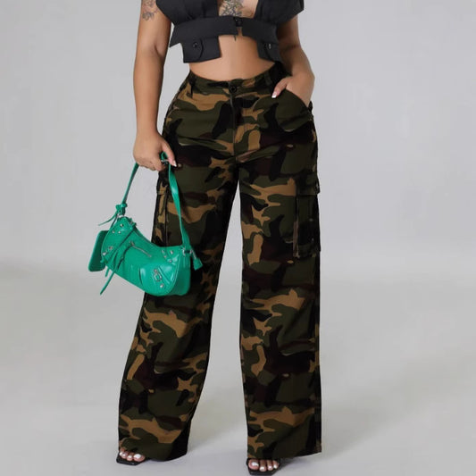 XIANGTUIBAO 2025 go out fashionable loose women's camouflage tooling high-waisted pants, camouflage military uniforms multi-pocket trousers