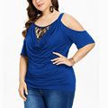 plus Size Women's Lace Cold Shoulder Top Solid Color Casual round Neck off Shoulder Women's Short Sleeved Coat