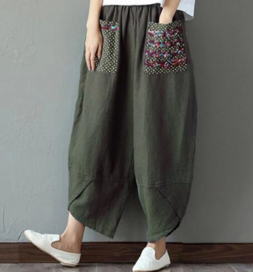 xiangtuibao Can Be Shipped  Factory Direct Sales Spring Ethnic Style Patchwork Cotton Linen Wide Leg Pants Loose Women's Pants