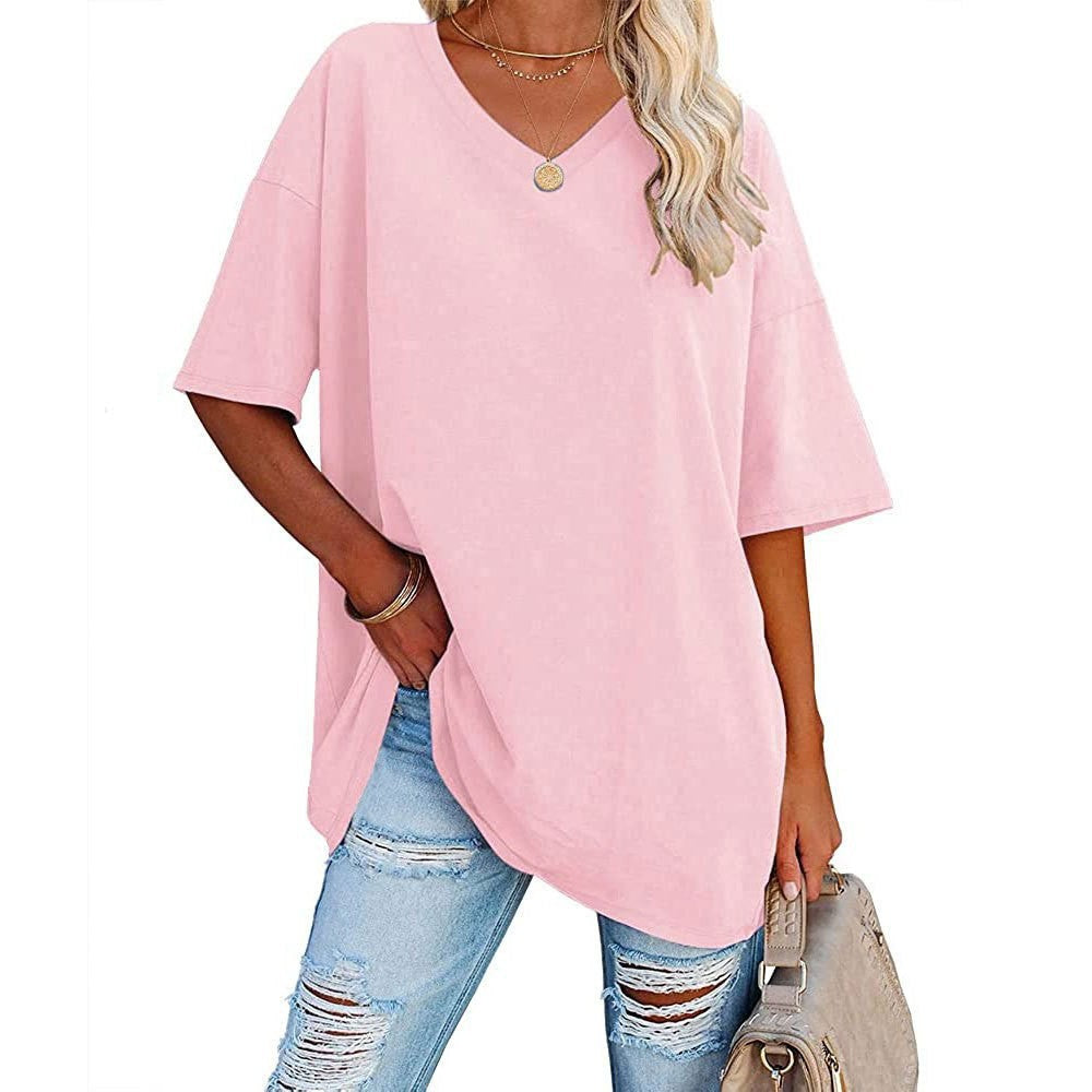 Cross-Border European and American Women's Clothing  Foreign Trade Spring and Summer New Color Loose Half Sleeve V-neck Cotton Waist Women's Top