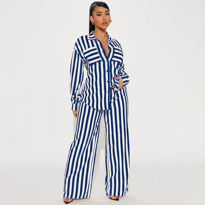 XIANGTUIBAO 2025 2025 trade women's clothing two-piece set, 2025 fashion casual home out striped button shirt trousers set