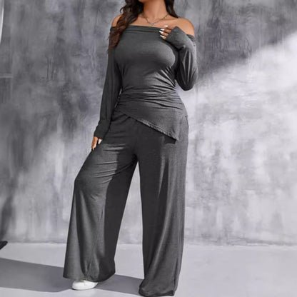 XIANGTUIBAO 2025  2025 fashion irregular women's clothing one-word collar off-the-shoulder pleated top loose wide-leg pants set