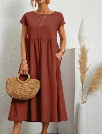 New Arrival  Cross Border  Solid Color Sleeveless Loose Pockets Cotton Linen Dress Foreign Trade Wholesale Women's Clothing