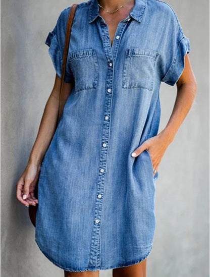 Independent Station   Cross-Border New European and American Lapel Short Sleeve Slim Fit Dress Denim Shirt Dress Women