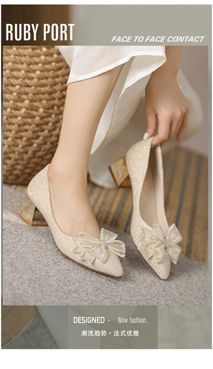 XIANGTUIBAO Style Pointed-Toe Fashion High Heels Women's Spring and Autumn New Chunky Heel Low-Cut Rhinestone Bow Temperament Wild Pumps