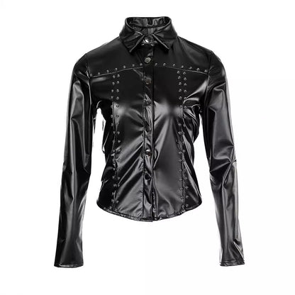 XIANGTUIBAO 2025Fashion high-end inlaid decorative soft lapel leather shirt, waist elastic long-sleeved leather top women's clothing