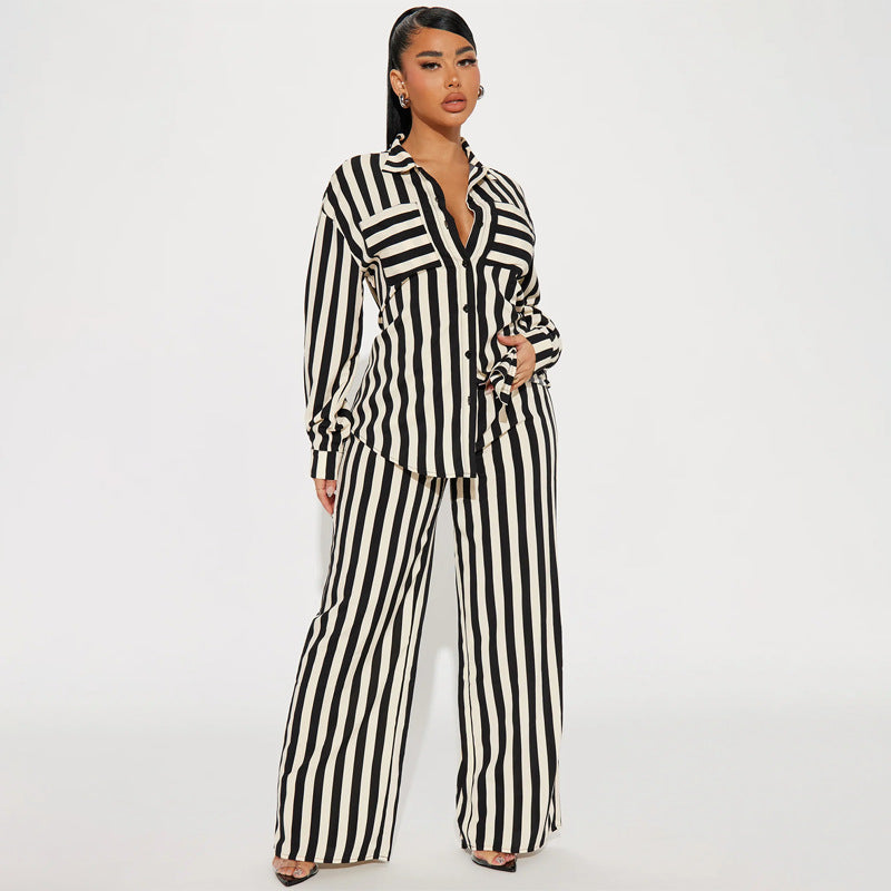 XIANGTUIBAO 2025 2025 trade women's clothing two-piece set, 2025 fashion casual home out striped button shirt trousers set