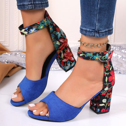 XIANGTUIBAO Cross-Border New Arrival  European and American Fashion plus Size Embroidered Chunky Heel Women's Sandals Foreign Trade Women's Buckle High Heel Sandals