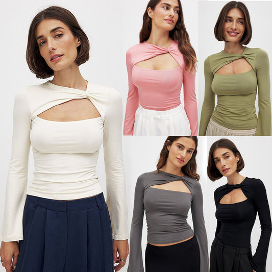 XIANGTUIBAO 2025 2025 ins trend style double-layer collar autumn and winter new models, hollowed out fake two slim and thin long-sleeved tops for women