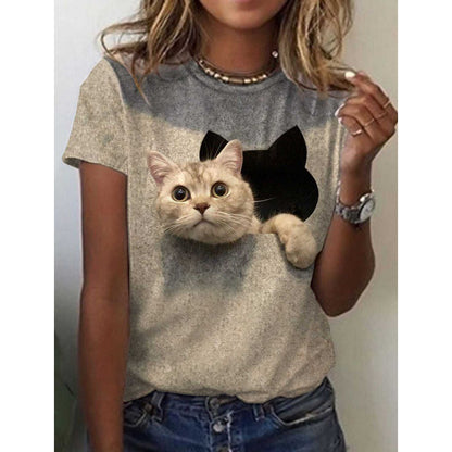 Independent Station Women's Short-Sleeved T-shirt Cute Cat 3D Printed European and American Foreign Trade Women's Clothing Straight Hair