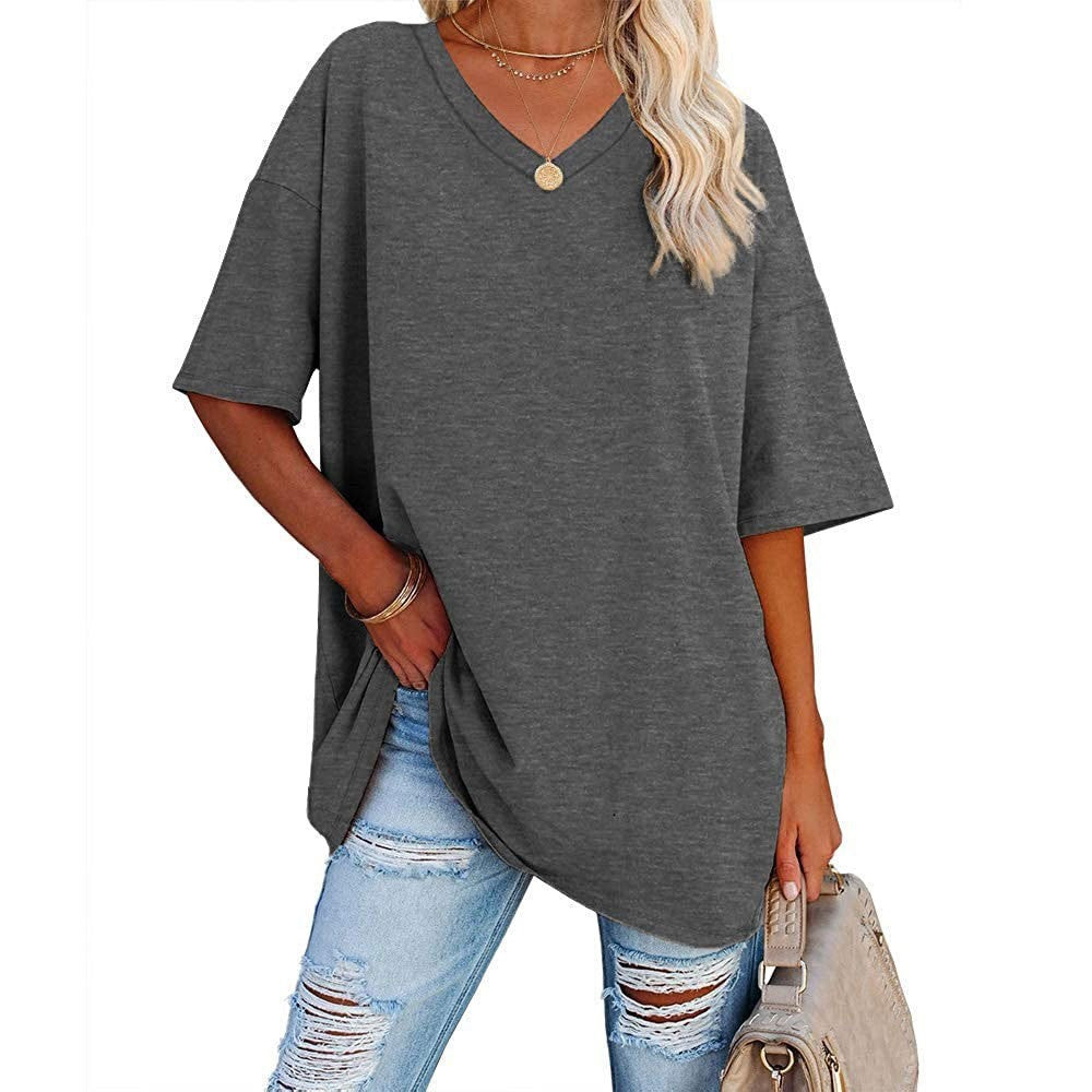 Cross-Border European and American Women's Clothing  Foreign Trade Spring and Summer New Color Loose Half Sleeve V-neck Cotton Waist Women's Top