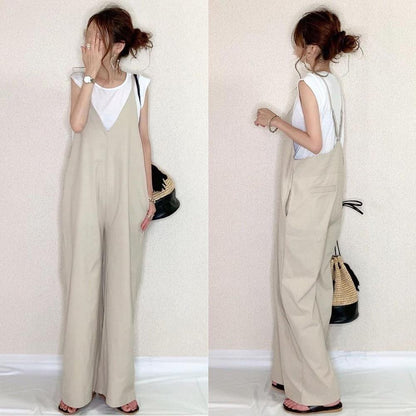 xiangtuibao A Large Number of in Stock V-neck Jumpsuits for Women  Summer New Japanese Women's Clothing Loose All-Match Stitching Casual Wide-Leg Pants