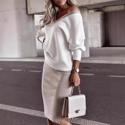 XIANGTUIBAO 2025 fashion women's clothing, going out casual loose V-neck sweater set, tight skirt long-sleeved top two-piece set