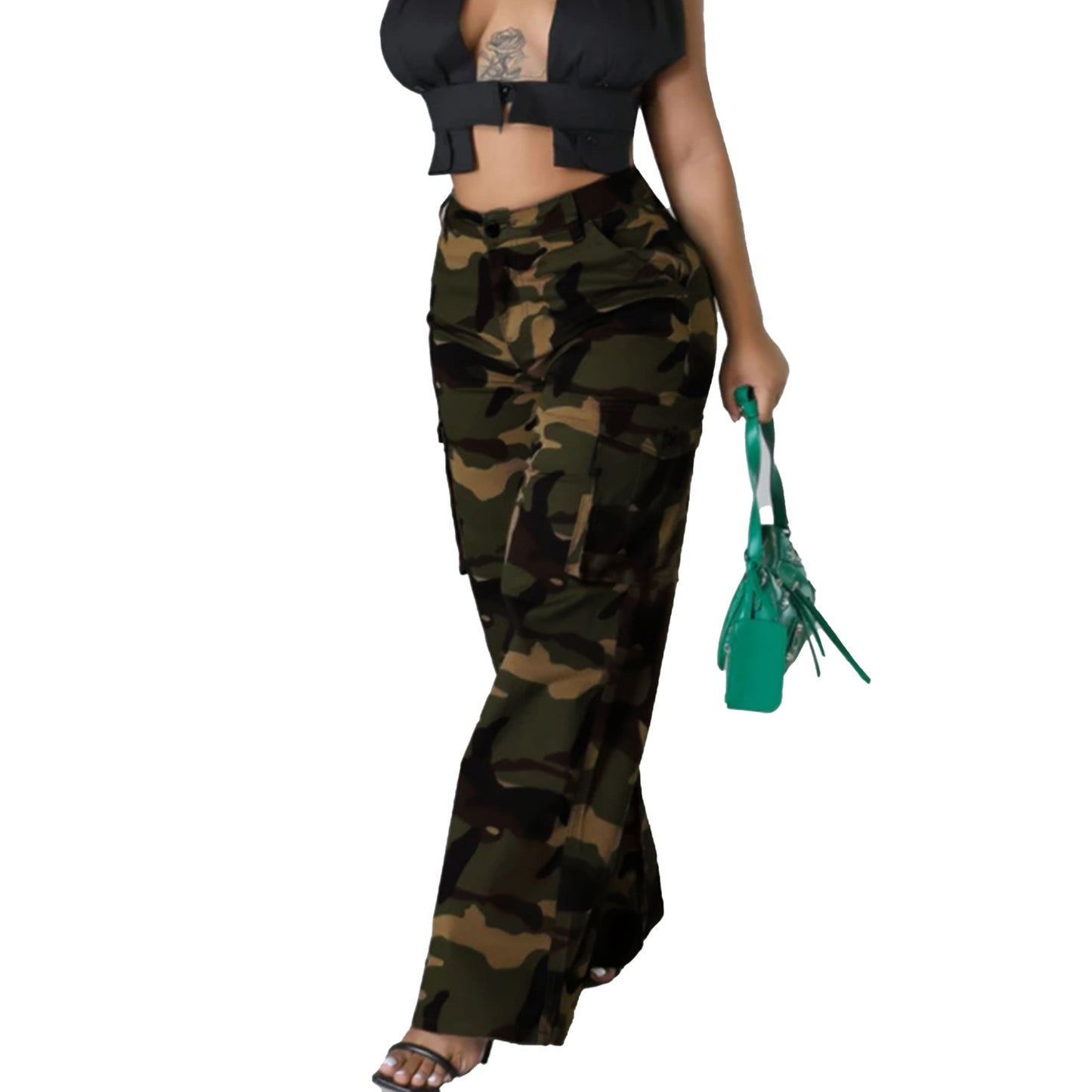 XIANGTUIBAO 2025 go out fashionable loose women's camouflage tooling high-waisted pants, camouflage military uniforms multi-pocket trousers