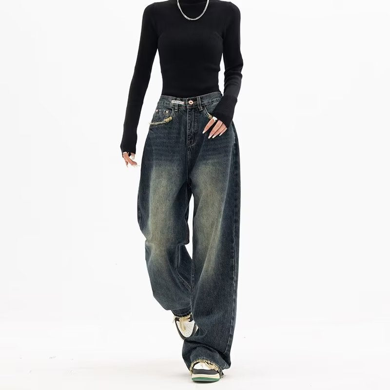 xiangtuibao Harajuku Fashion High Waist Women Spring and Autumn New Versatile Zipper Light Color and Water Scrubbing Trendy Jeans Simple Straight-Leg Pants