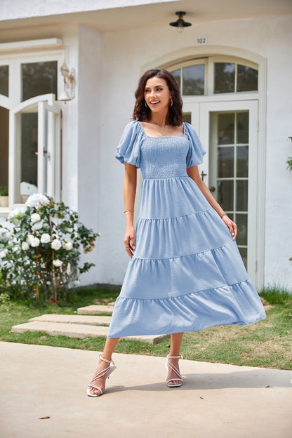 Summer European and American Foreign Trade Cross-Border Women's Clothing  Square Collar Backless Puff Sleeve Pleated Short Sleeves Dress