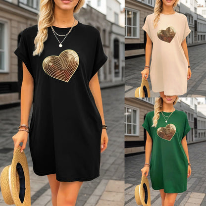 XIANGTUIBAO Cross-border  women's clothing fashion outing heart-shaped beads embroidered round neck casual short-sleeved shoulder-length sleeves loose dress