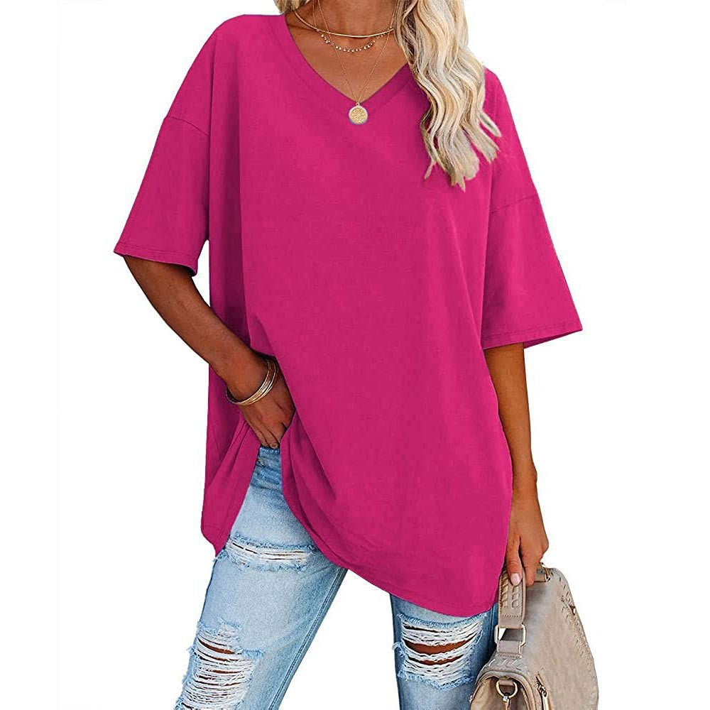 Cross-Border European and American Women's Clothing  Foreign Trade Spring and Summer New Color Loose Half Sleeve V-neck Cotton Waist Women's Top