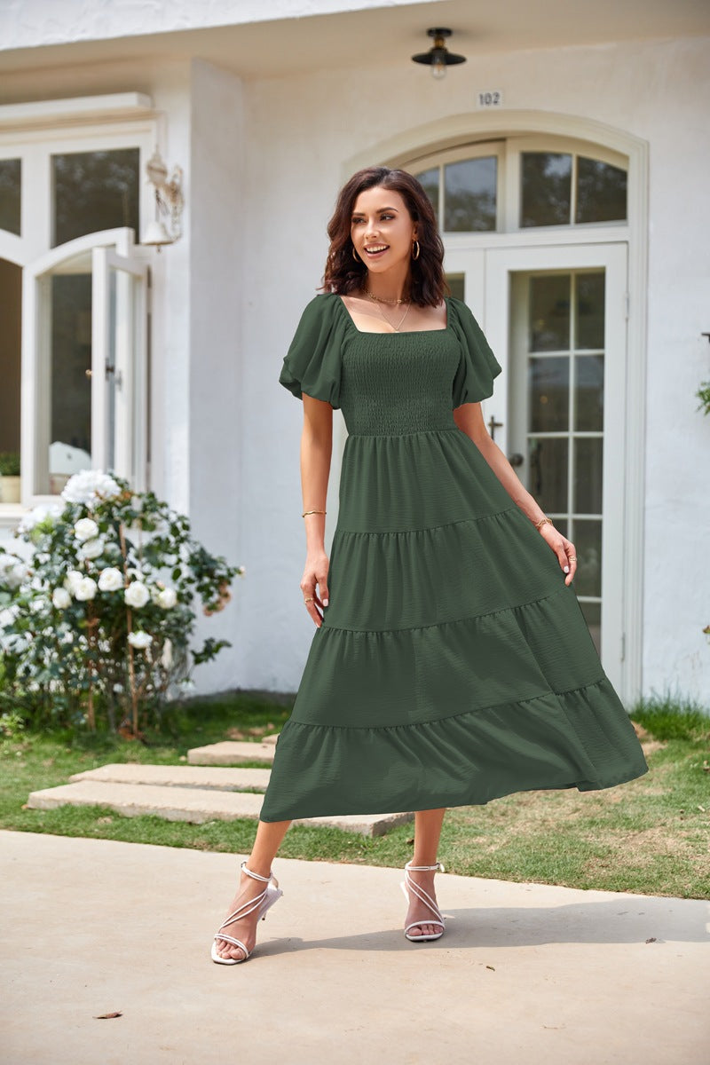 Summer European and American Foreign Trade Cross-Border Women's Clothing  Square Collar Backless Puff Sleeve Pleated Short Sleeves Dress