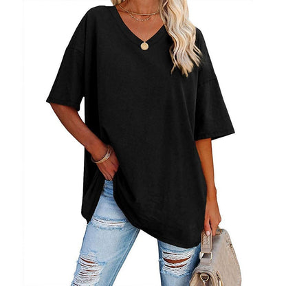 Cross-Border European and American Women's Clothing  Foreign Trade Spring and Summer New Color Loose Half Sleeve V-neck Cotton Waist Women's Top