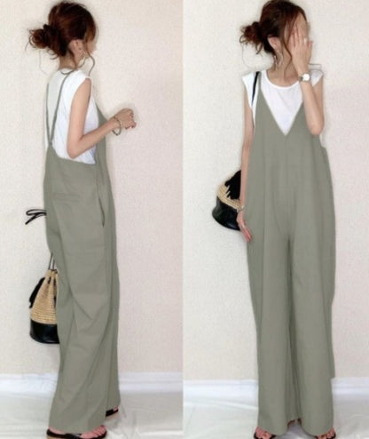 xiangtuibao A Large Number of in Stock V-neck Jumpsuits for Women  Summer New Japanese Women's Clothing Loose All-Match Stitching Casual Wide-Leg Pants