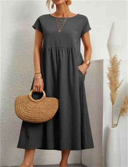 New Arrival  Cross Border  Solid Color Sleeveless Loose Pockets Cotton Linen Dress Foreign Trade Wholesale Women's Clothing