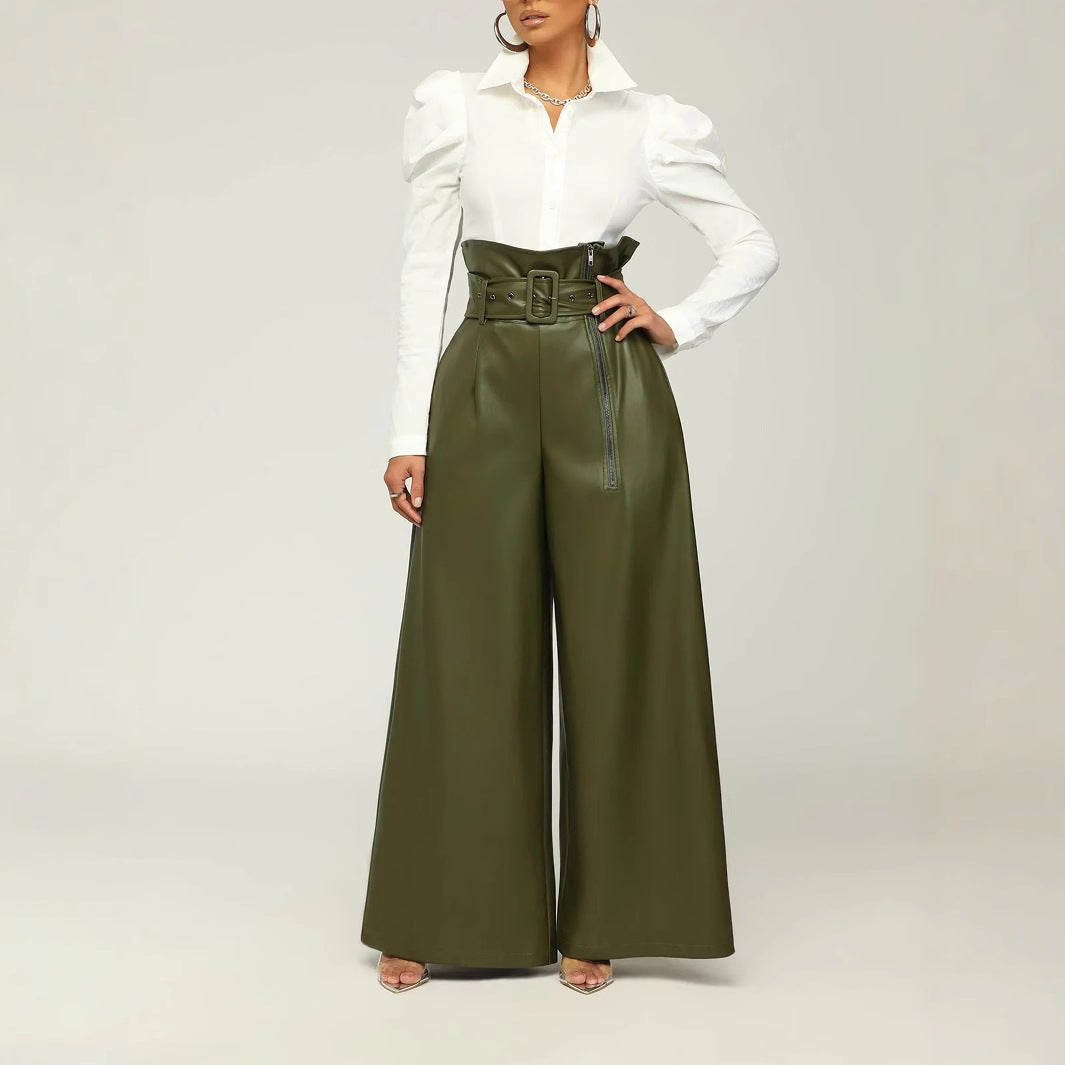 XIANGTUIBAO 20252025 trade women's clothing 2025 fashion high-waisted trousers INS style PU leather trousers nightclub metal belt wide-leg trousers