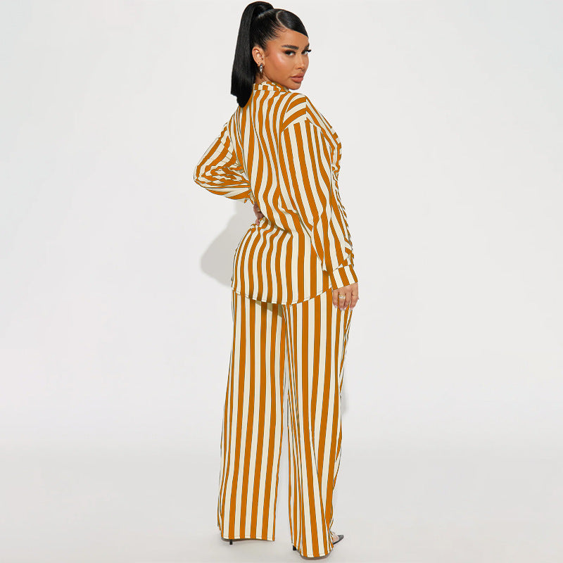 XIANGTUIBAO 2025 2025 trade women's clothing two-piece set, 2025 fashion casual home out striped button shirt trousers set