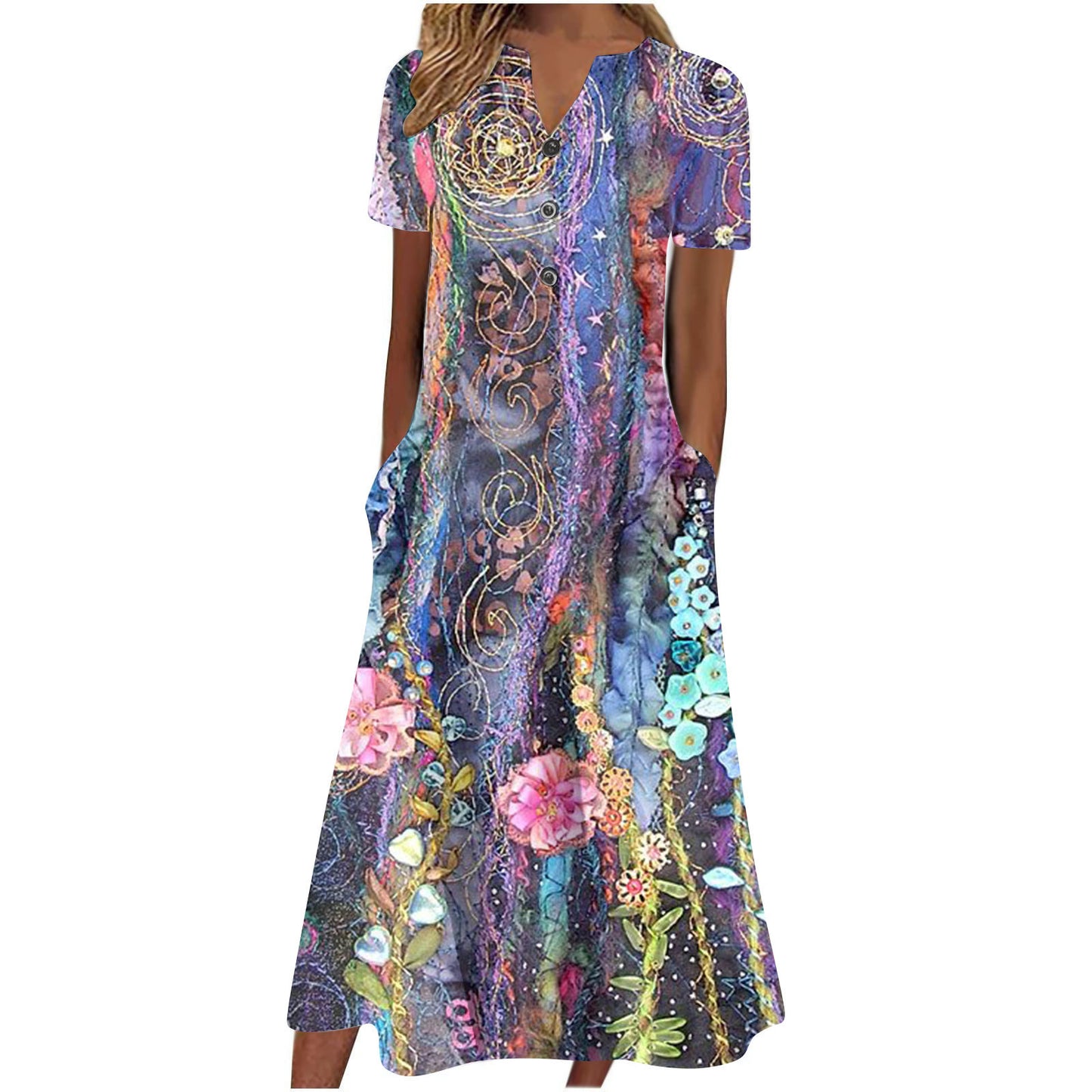 Cross Border Women's Summer New V-neck Button Short Sleeve Loose Big Hem Print Dress