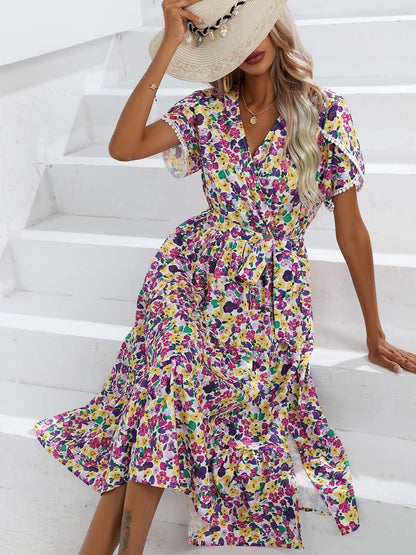 European and American Women's Clothing  Hot Dress  Summer Cross-Border Small Floral Split V-neck Foreign Trade Women's Clothing