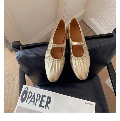 XIANGTUIBAO  Grape Mom Fashion Huizhou Women's Shoes Pleated Silver Single-Layer Shoes Women's Low Heel Korean Style Shoes 20224 Spring Women's Shoes