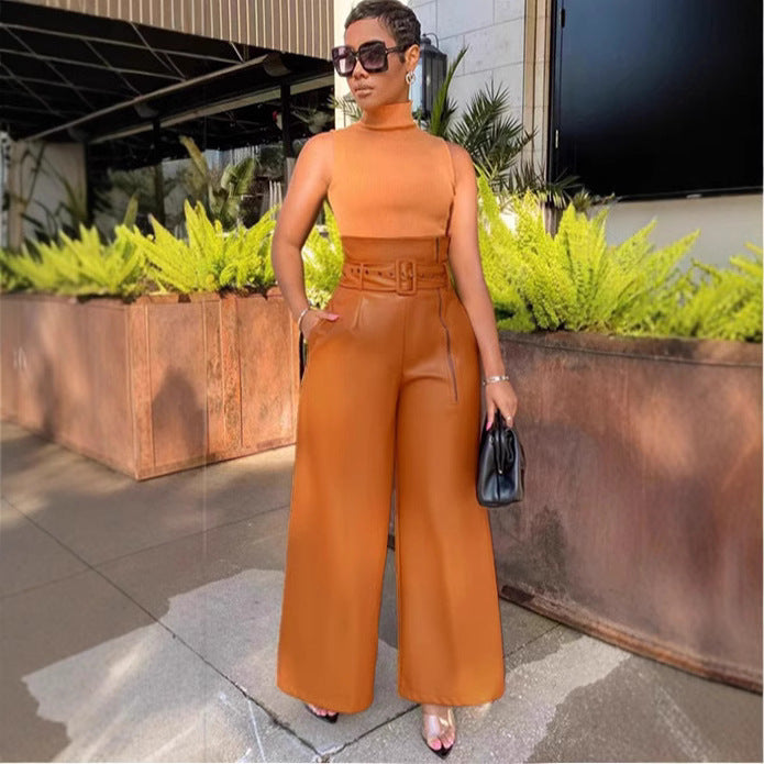 XIANGTUIBAO 20252025 trade women's clothing 2025 fashion high-waisted trousers INS style PU leather trousers nightclub metal belt wide-leg trousers