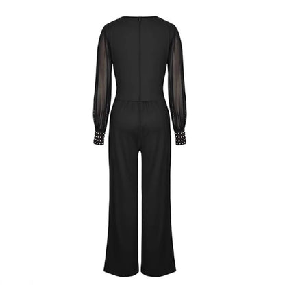 XIANGTUIBAO 2025 fashion women's clothing v-neck mesh stitching rivets long-sleeved loose jumpsuit, women's clothing