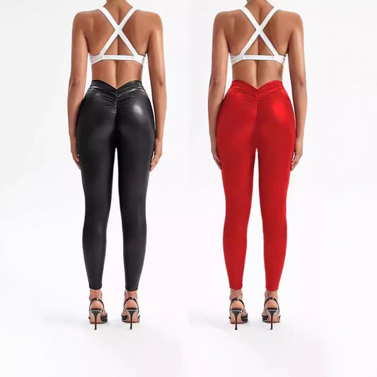 XIANGTUIBAO 2025Spot new   explosion, bright leather pencil pants, sexy PU leather elastic tight V-waist trousers for women