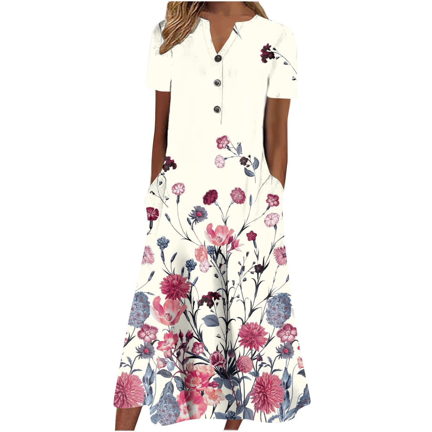 Cross Border Women's Summer New V-neck Button Short Sleeve Loose Big Hem Print Dress