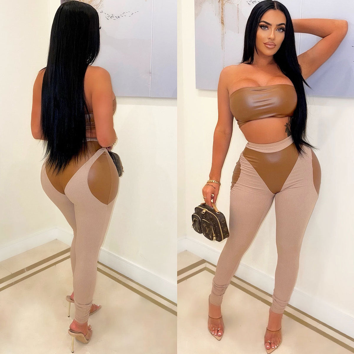 XIANGTUIBAO Independent station Popular trade 2023 new 2025 sexy color matching two-piece set, tube top PU leather trousers tight suit for women