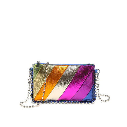 XIANGTUIBAO 2025 Women's bag new contrasting color splicing trendy rainbow striped small square bag bead chain shoulder bag fashionable messenger bag