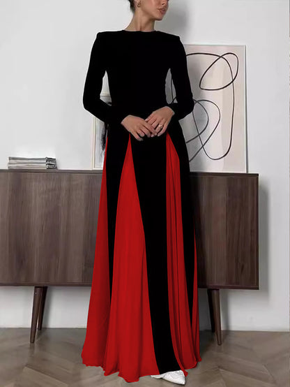 XIANGTUIBAO Cross-border  dinner party women's evening dress, tight A-shaped large skirt splicing long-sleeved crew neck dress