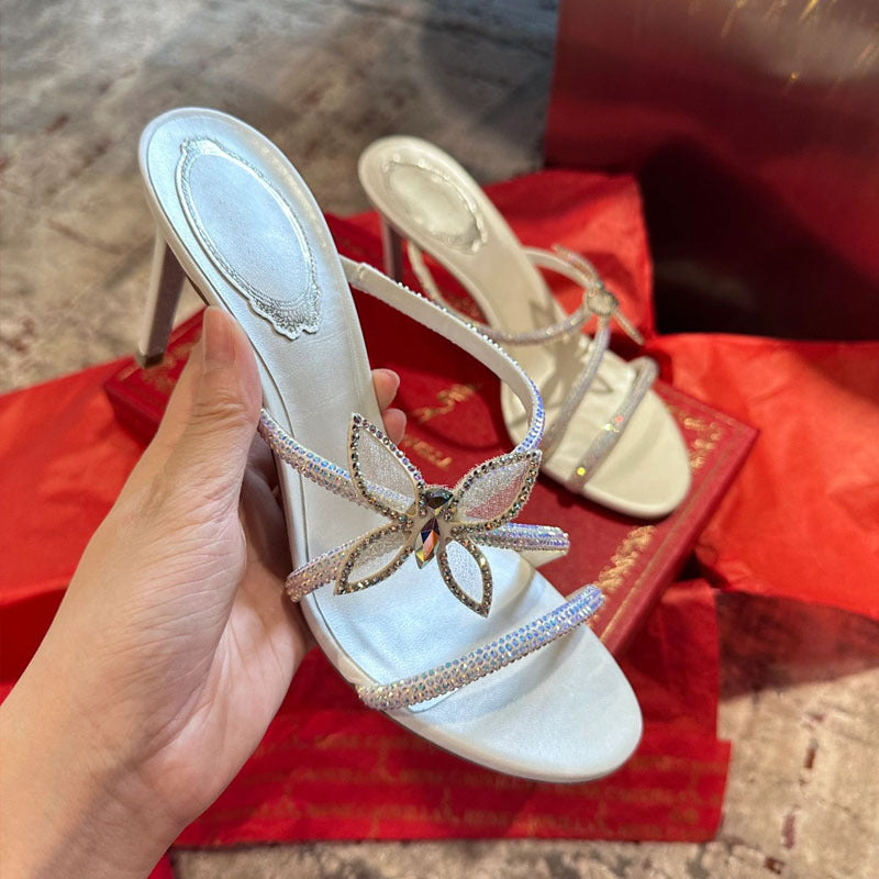 XIANGTUIBAO RC Rhinestone Sandals  Spring New Stiletto Heel Fairy Style Open Toe Slippers Women's Bow Cross Strap High Heels