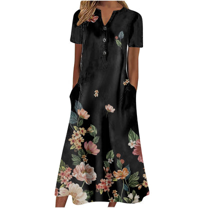 Cross Border Women's Summer New V-neck Button Short Sleeve Loose Big Hem Print Dress