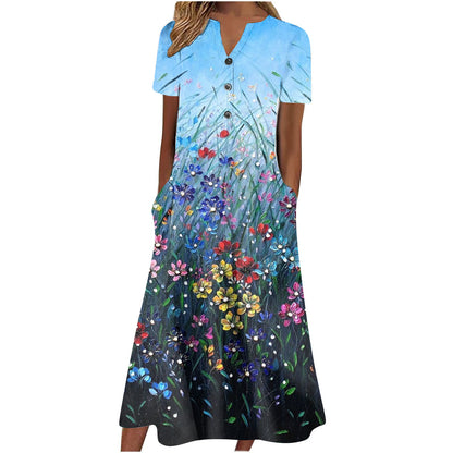 Cross Border Women's Summer New V-neck Button Short Sleeve Loose Big Hem Print Dress