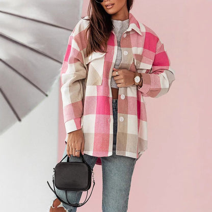 XIANGTUIBAO 2025  2025 fashion women's clothing colored plaid shirt jacket, casual polished woolen coat top